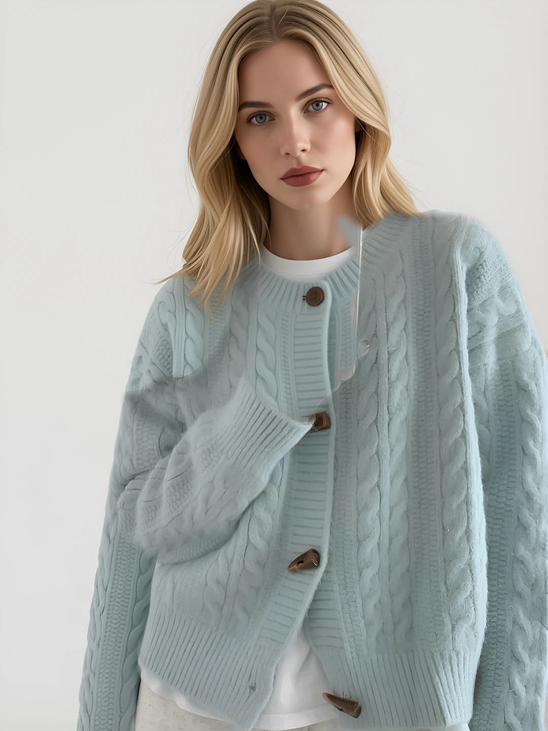Women's knit cardigan, cable knit, crew neck, long sleeve, solid colour, loose fit, spring-autumn