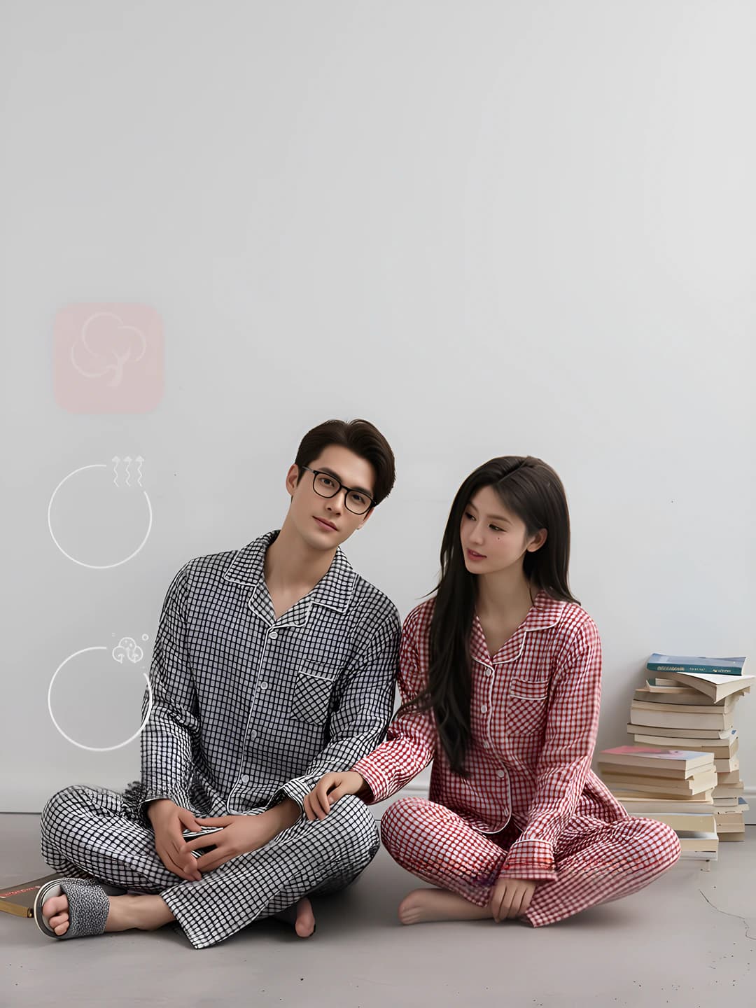 Women's all-cotton checked pajama set, spring-autumn, long sleeve, lapel collar, thin