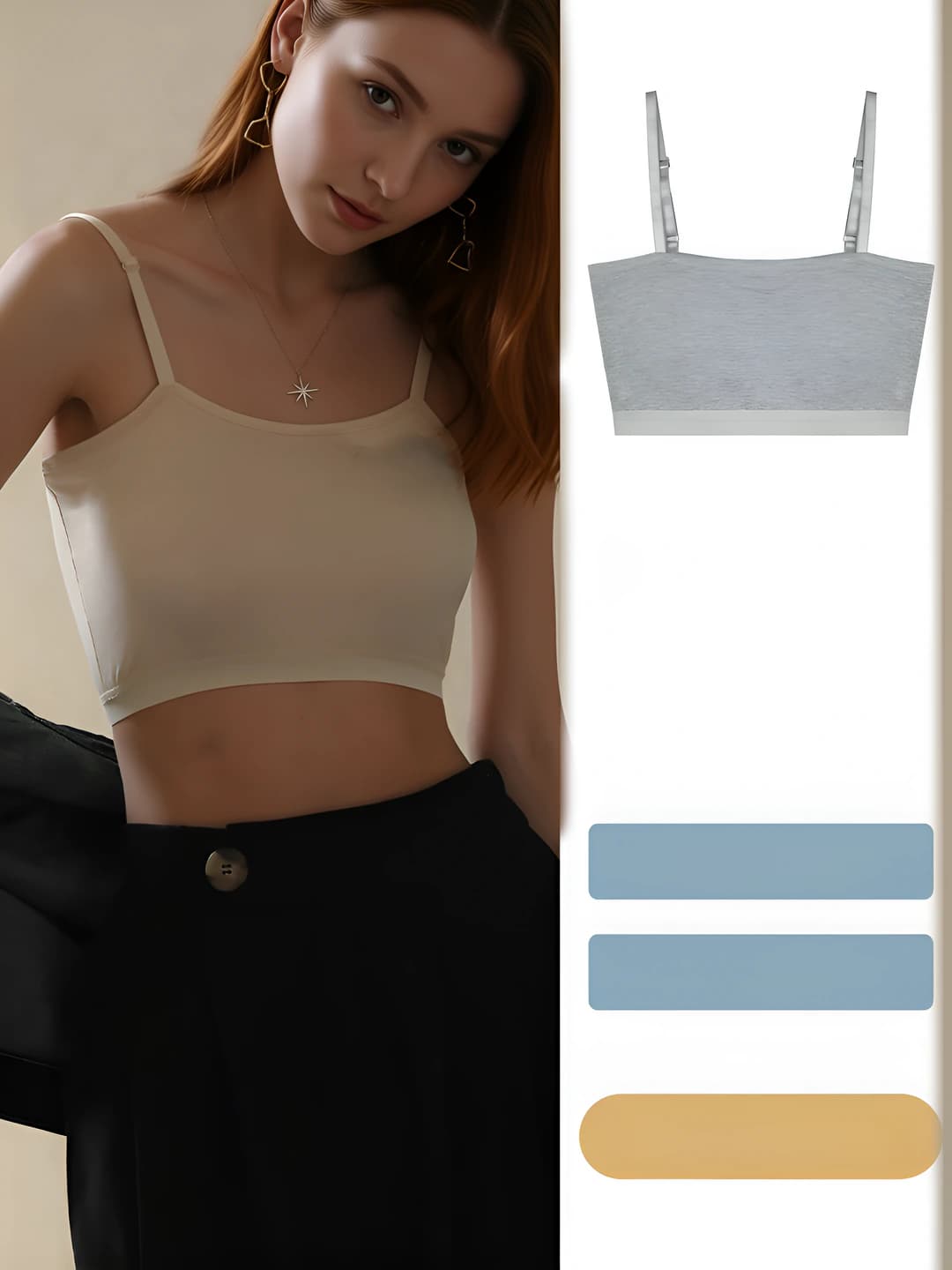 Women's camisole tank top: slim fit, cropped, solid colour, stretch, summer, with built-in chest pads