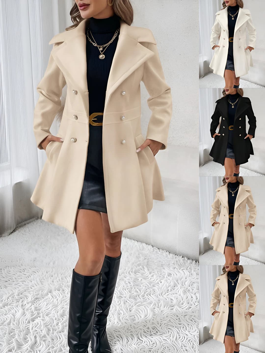 Women's 2026 solid colour double-breasted coat with pockets, mid-length, casual style