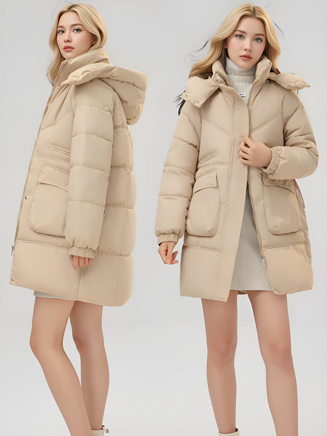 Ayollar uchun 2026 qishki qalinlashtirilgan, koreys uslubida, bo'sh (oversize) kesimli, bir rangli, o'rta-uzun puxli kurtka va qishki kurtka