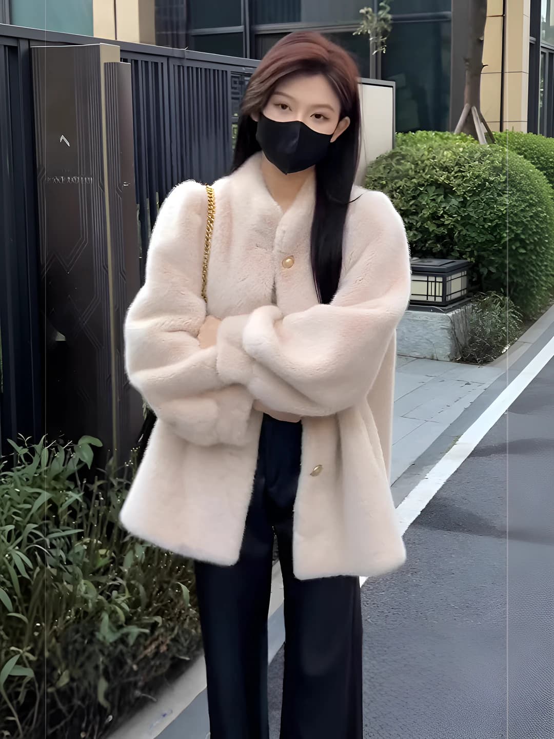 Women's winter thickened mid-length coat with stand collar, long sleeve, solid colour, faux fur