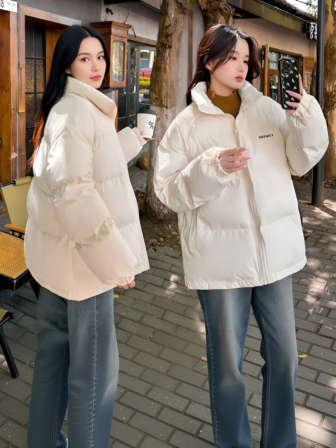 Women's winter down jacket, down-alternative fill, thickened, loose fit, stand collar, zip, solid colour, Korean style