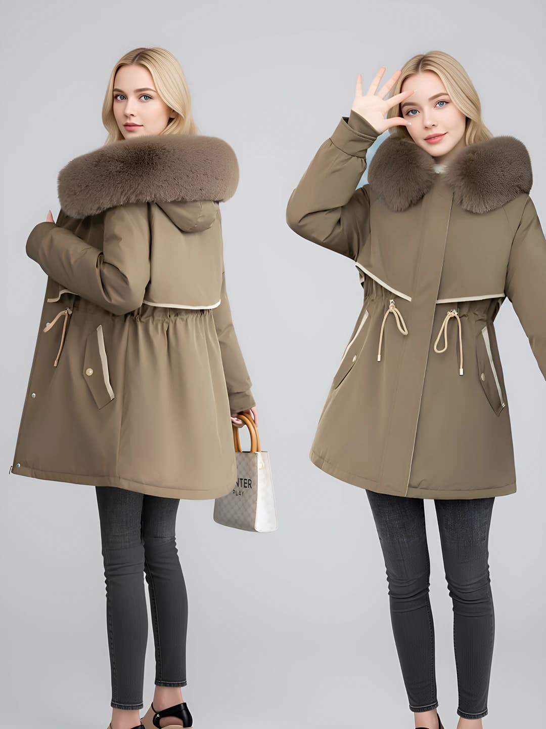 Women's mid-length padded winter coat with down-alternative fill, zip closure, thickened, loose fit, outerwear