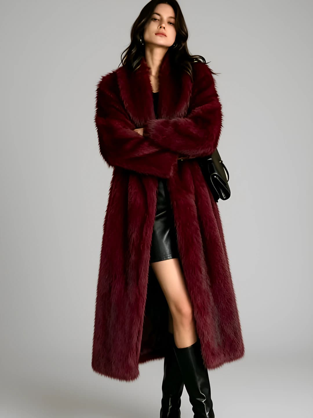 Women's warm long faux fur coat, V-neck, long sleeve, winter