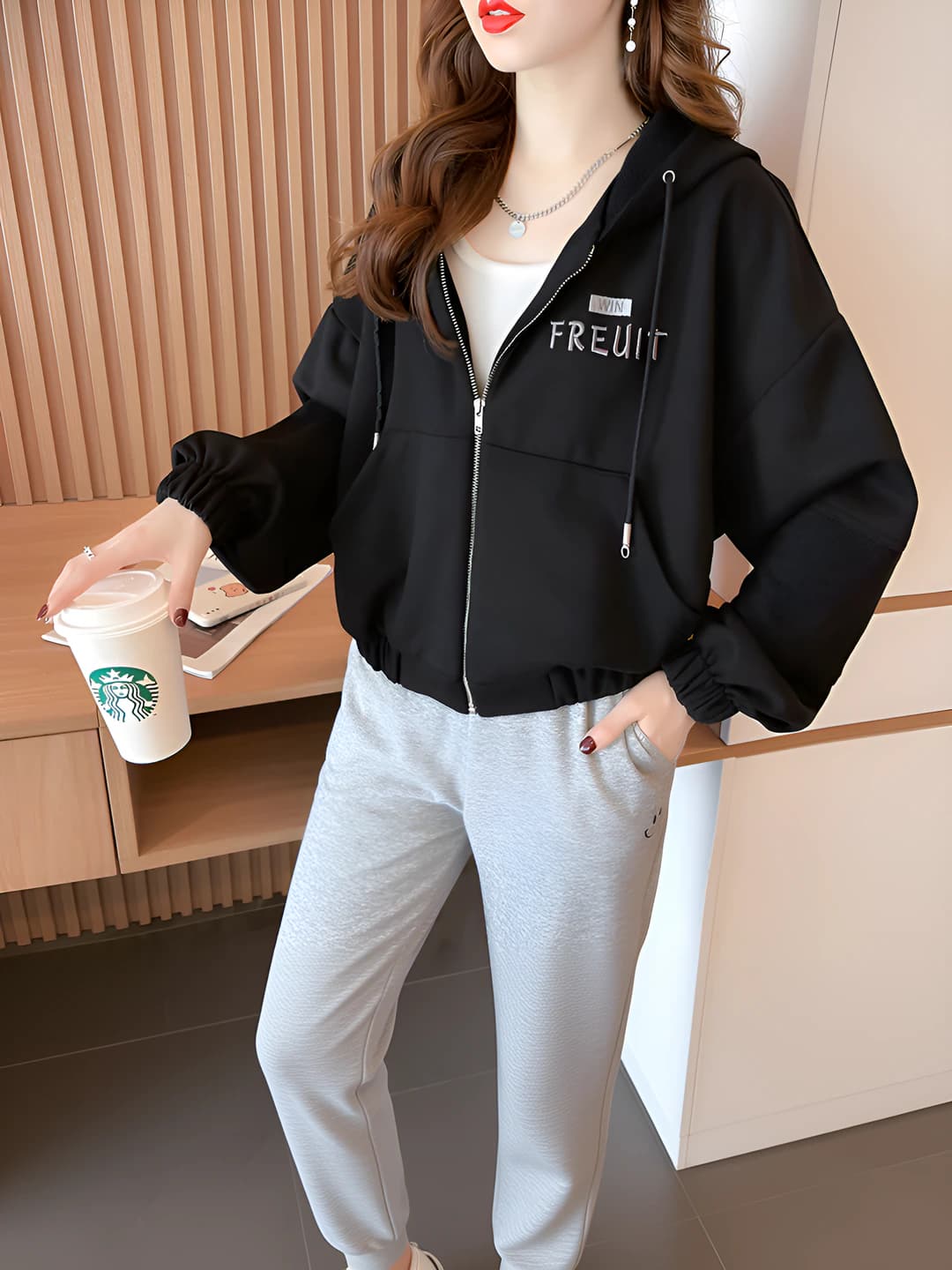 Women's fleece-lined zip jacket, plus size, loose fit, long sleeve, casual
