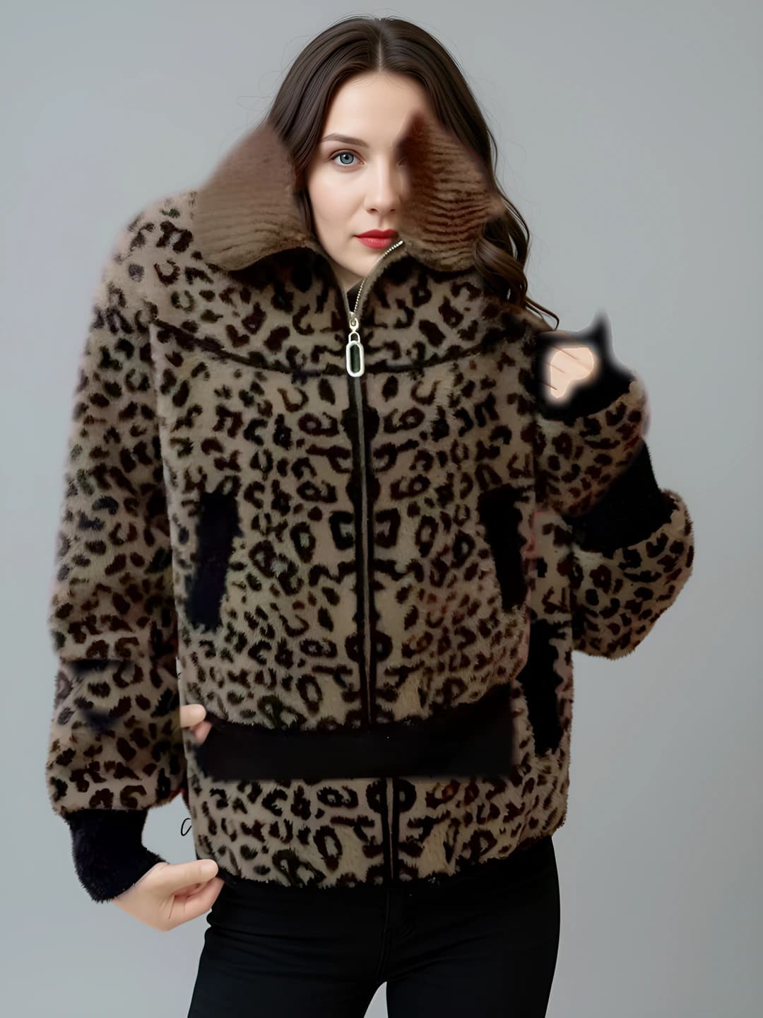 Women's thickened loose fit plus size short jacket with zip, leopard print, autumn-winter
