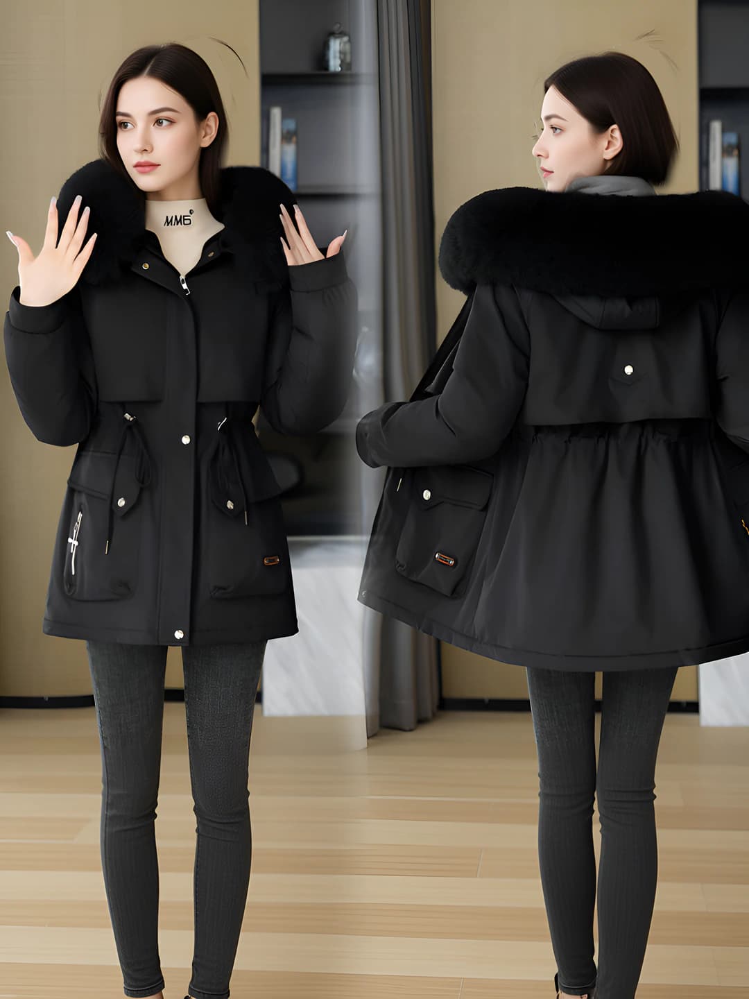 Women's mid-length padded winter coat, loose fit, fleece-lined, warm, slimming, solid colour, zip closure