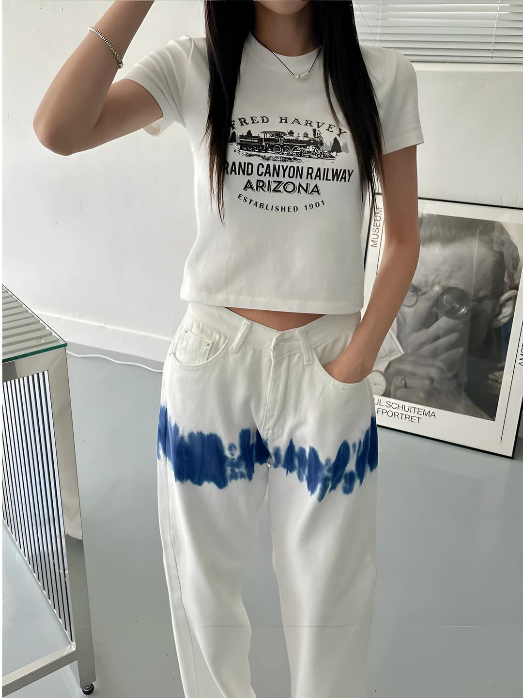 Women's retro tie-dye jeans, high waist, straight cut, wide-leg trousers, loose fit, summer