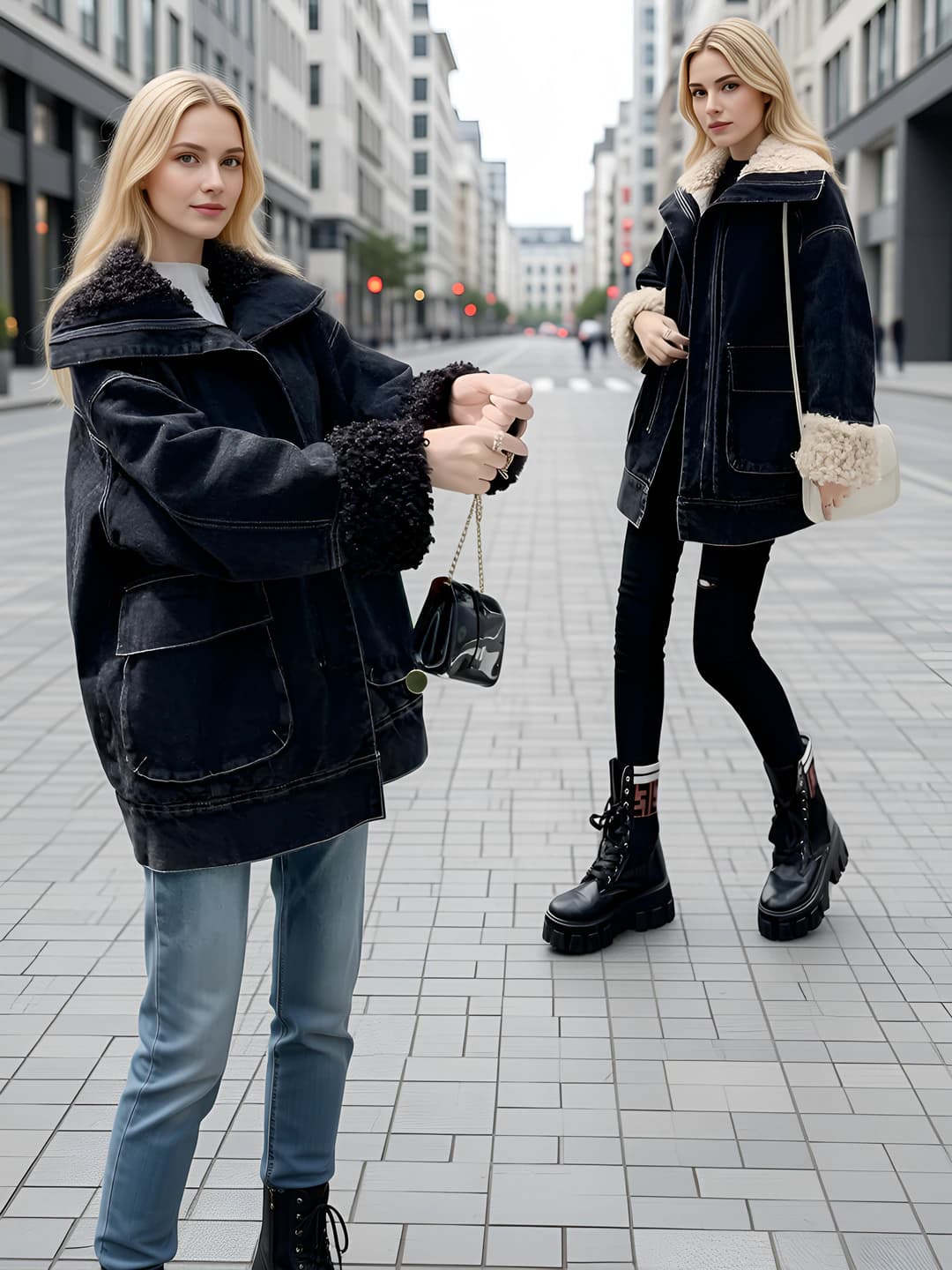 Women's fleece-lined insulated denim winter jacket 2026 autumn-winter, cropped, long sleeve, fur collar