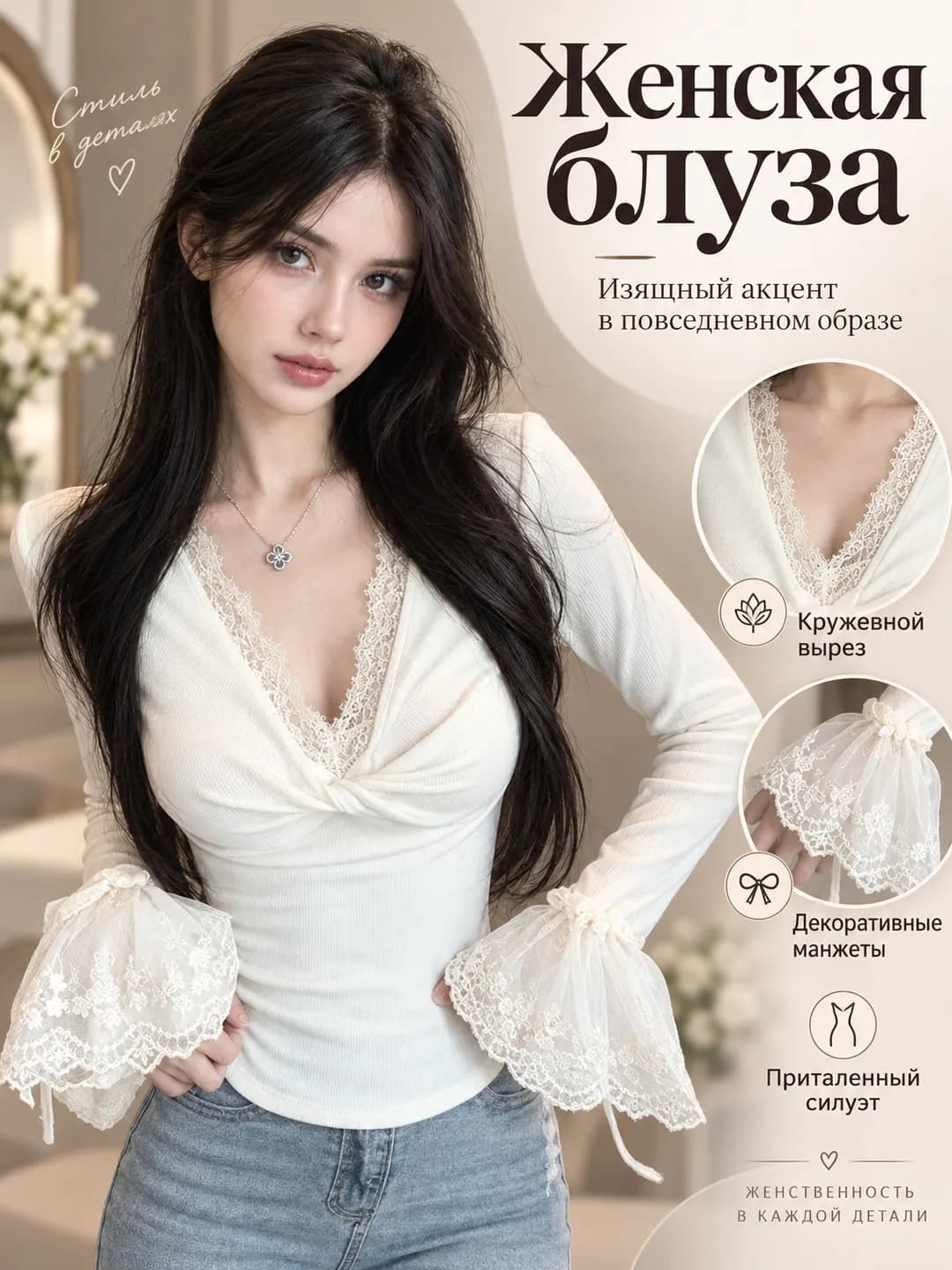 Women's long sleeve lace V-neck slim fit slimming longsleeve