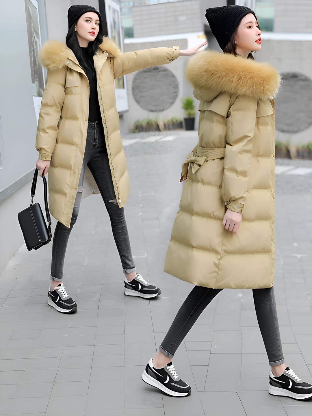Women's mid-length down jacket in Korean style, down-alternative fill, thickened, loose fit, zip, solid colour, autumn-winter
