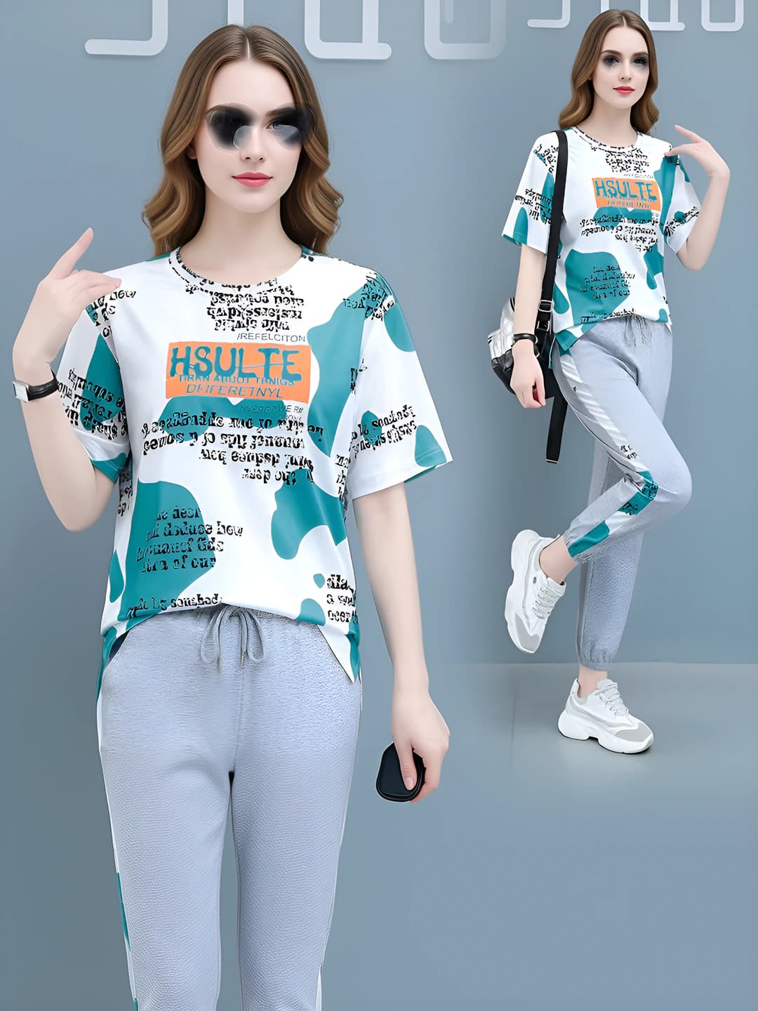 Ayollar uchun yozgi sport kostyumlari: bosma naqshli yupqa muz-ipak mato to'plam (T-shirt va uzun shim), koreys uslubida, bo'sh (oversize) kundalik