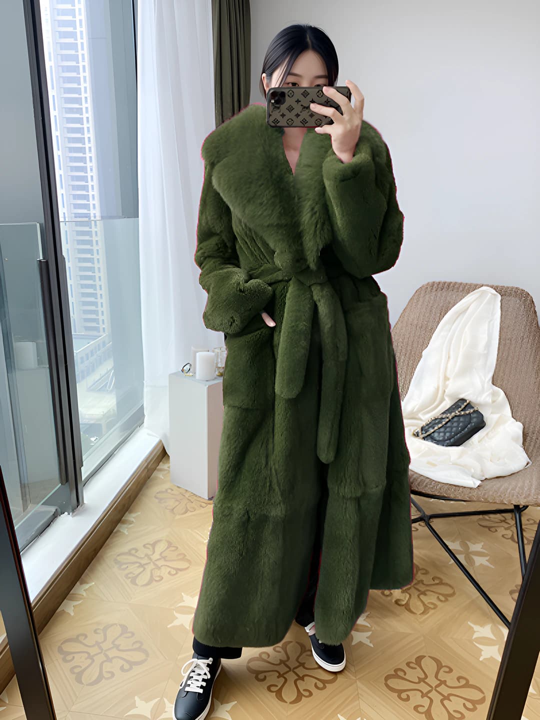 Women's mid-length loose fit long sleeve faux fur coat, plus size, tummy control, 2026