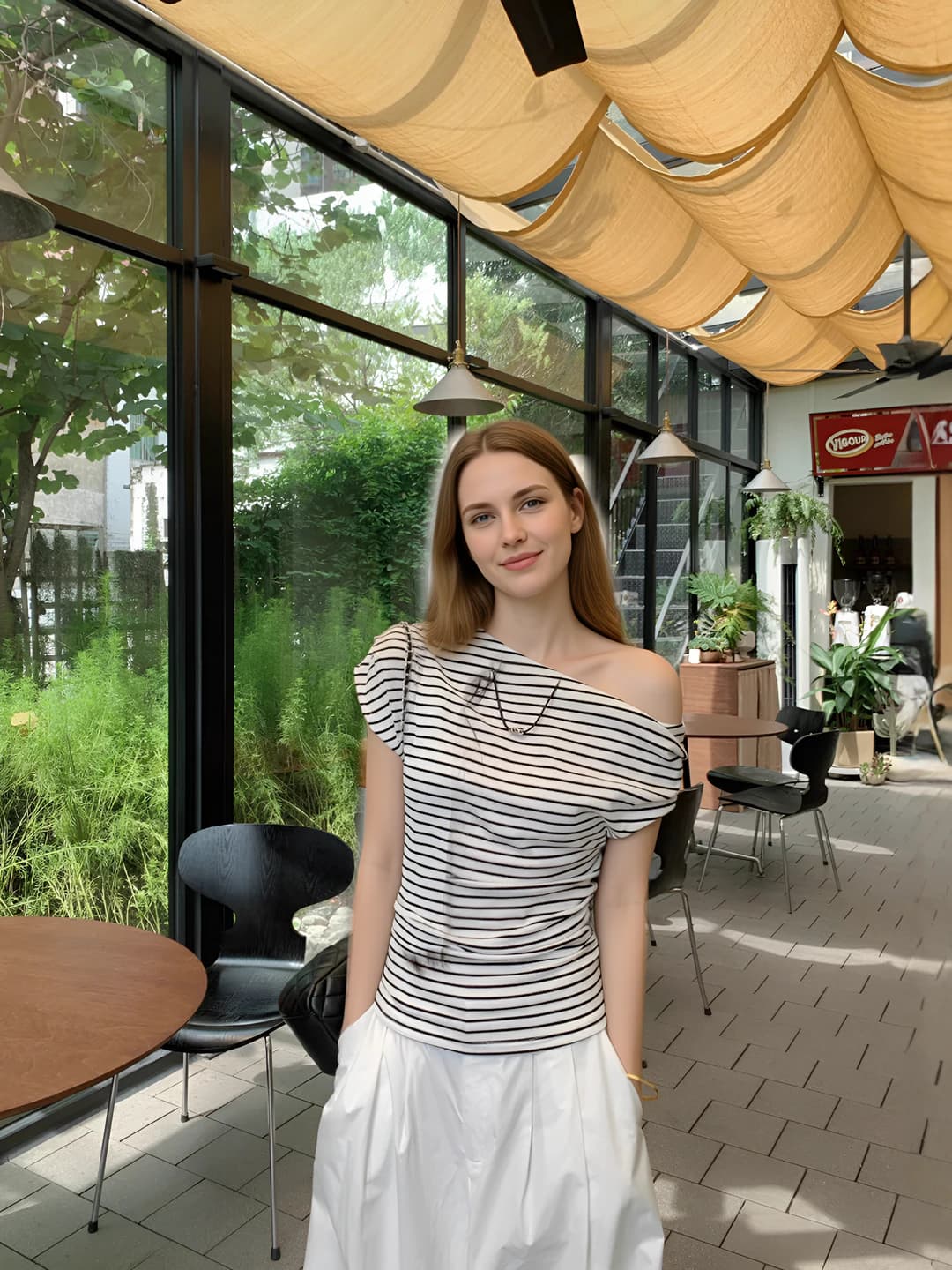 Women's off-shoulder striped top, 2026 summer, short sleeve, slim fit, slimming, milk silk fabric