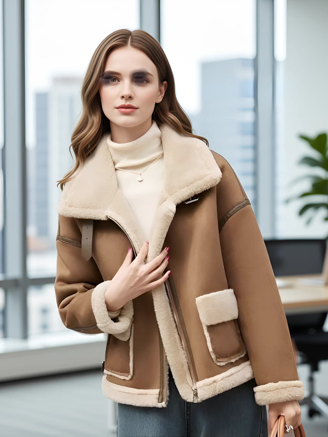 Women's winter cropped shearling coat, stand collar, long sleeve, faux leather and suede