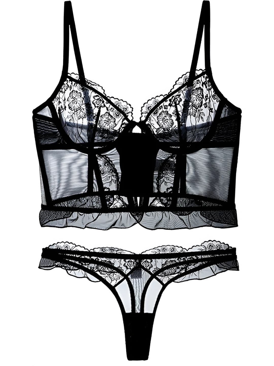 Women's French style ultra-thin lace underwear set: bra and thong, 3/4 cups, lift effect, side support, minimizes bust size