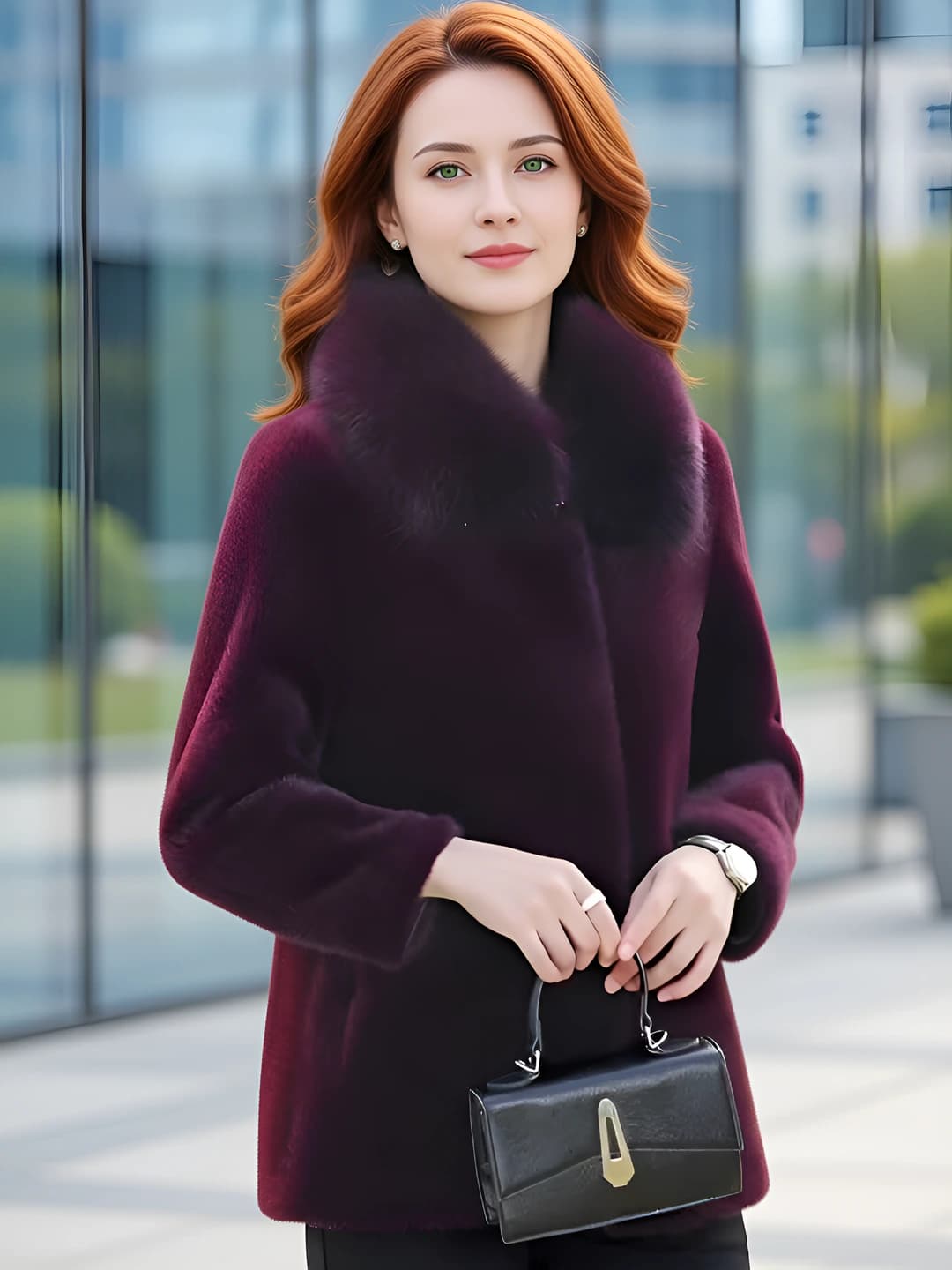 Women's thickened winter faux-fur coat, cotton fabric, long sleeve, POLO collar, red color