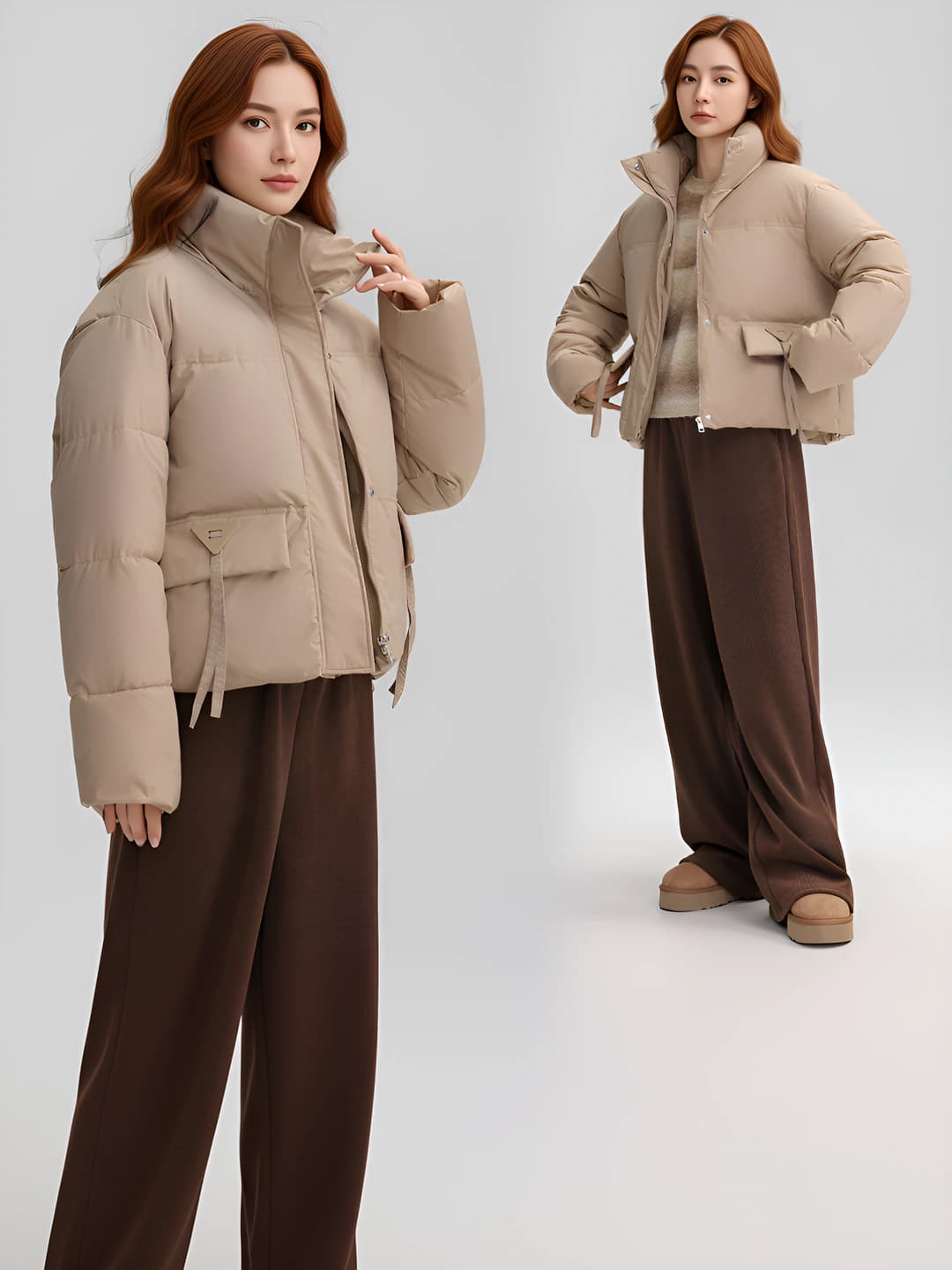 Ayollar uchun qishki issiq saqlaydigan, qalinlashtirilgan, shamol o'tkazmaydigan, koreys uslubida, bo'sh (oversize) kesimli, tik yoqali, fermuarli, kundalik puxli kurtka