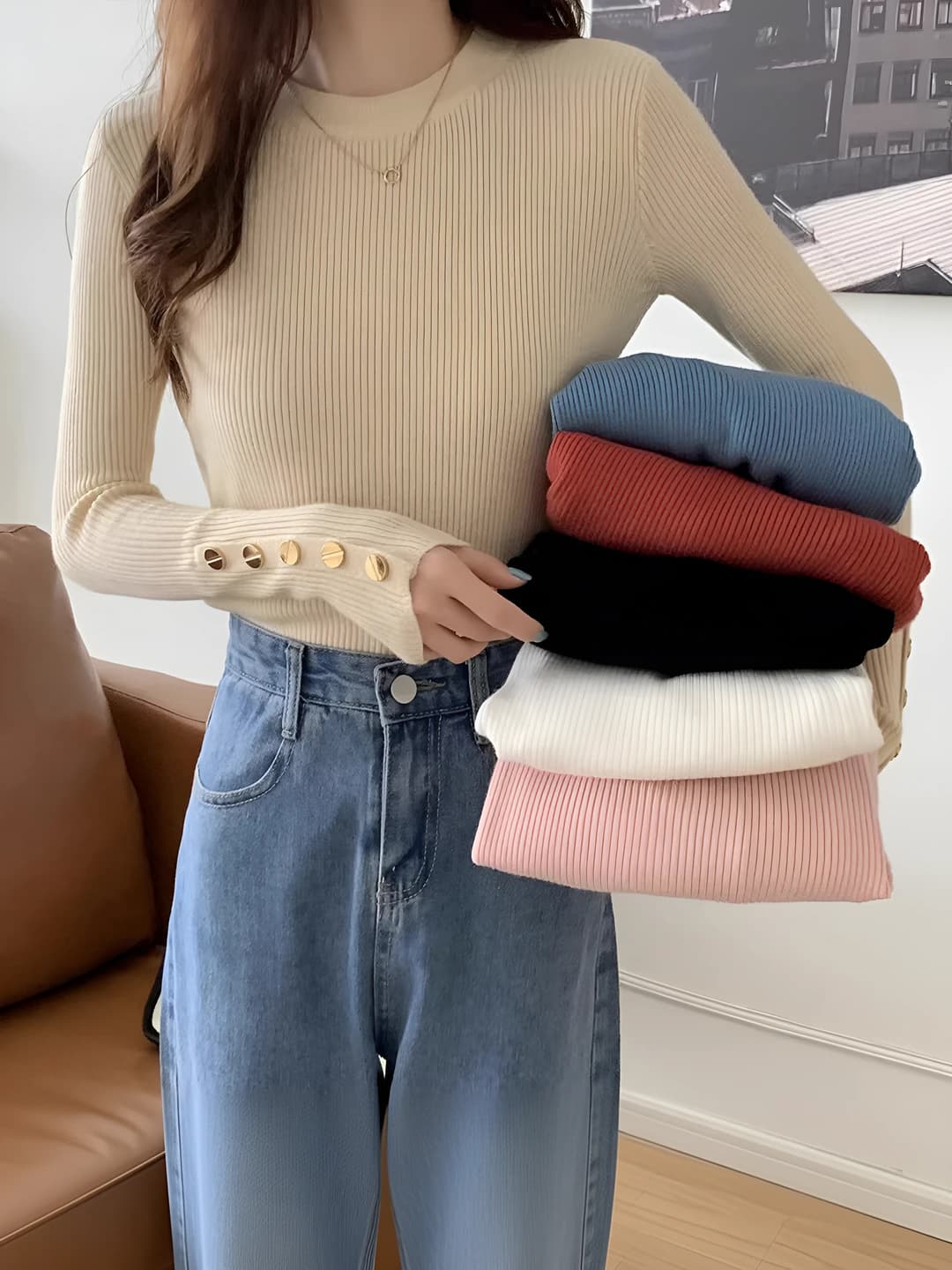 Women's autumn knit top, solid colour, long sleeve, slim fit, crew neck, slimming, with buttons