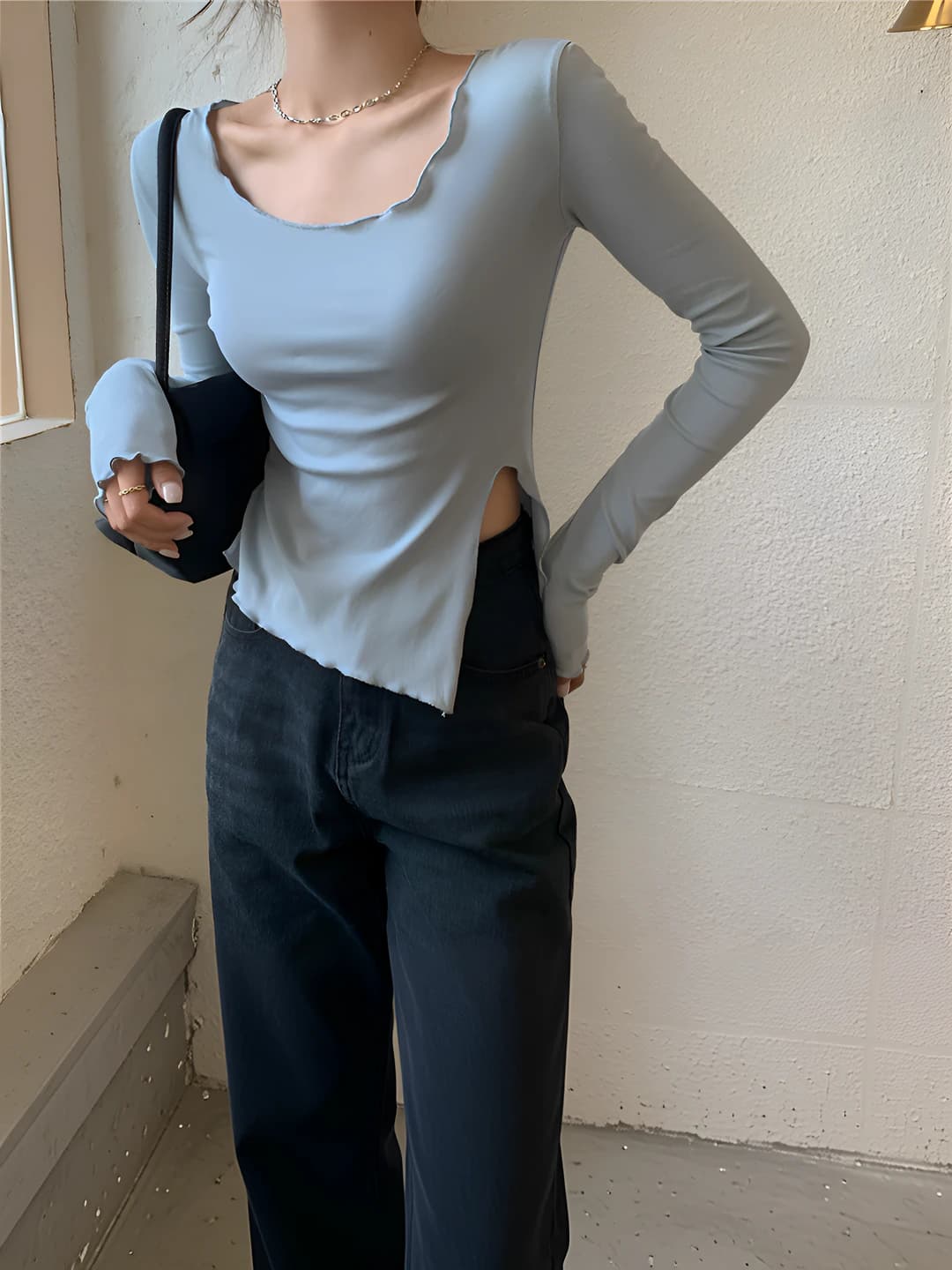 Women's 2026 autumn solid colour cropped long-sleeve slim fit crew neck long-sleeve base top