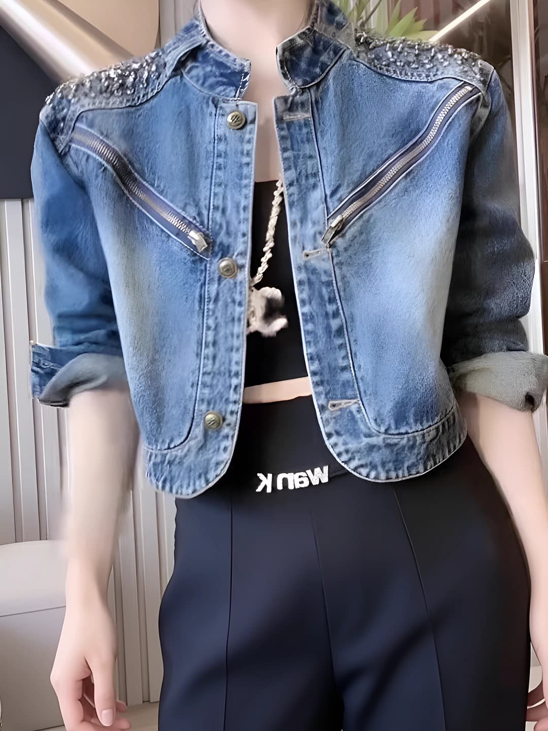 Women's 2026 autumn denim jacket, stand collar, crew neck, sleeveless, cropped, petite, with crystals