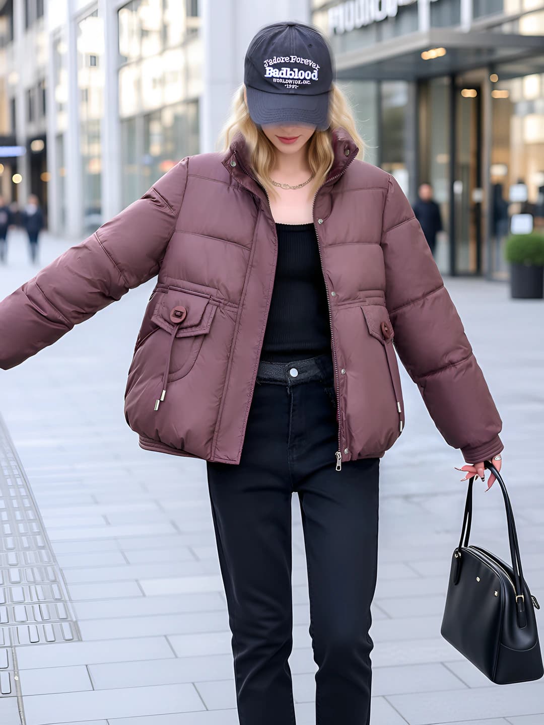 Women's 2026 winter padded jacket with down-alternative fill, cropped, stand collar, petite, thickened, loose fit, zip, solid colour