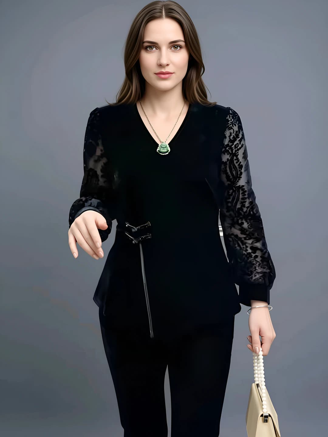 Women's blouse with long sleeve, V-neck and lace, slimming