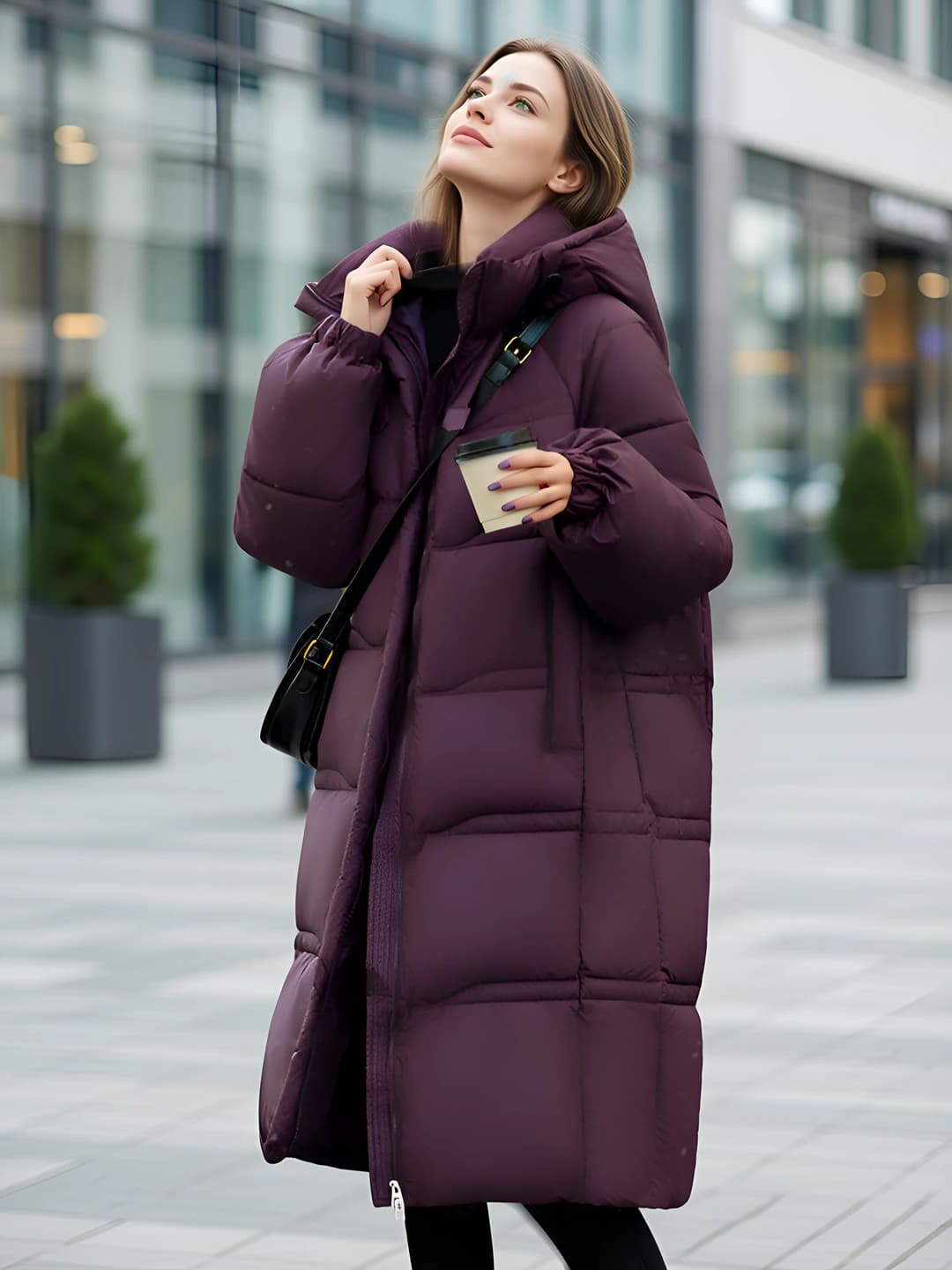 Women's long hooded down winter coat in Korean style, warm, slimming, loose fit, down-alternative fill, zip, solid colour