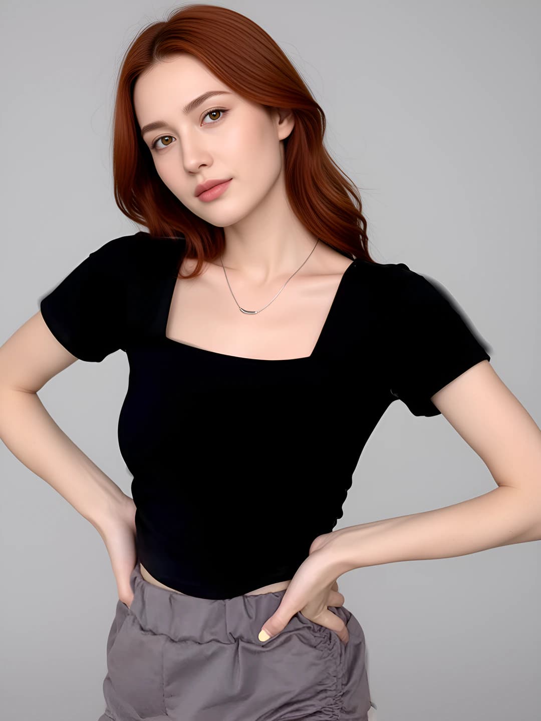 Women's pure cotton short sleeve t-shirt, slim fit, square collar, cropped, black
