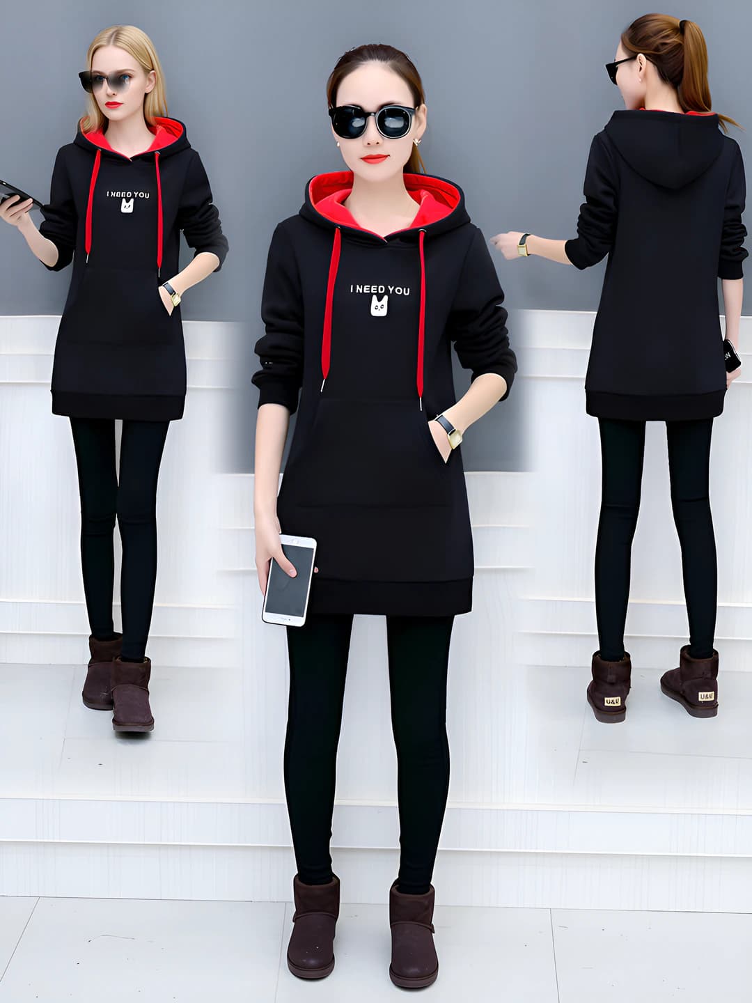 Women's 2026 autumn-winter Korean style fleece-lined, embroidered, loose fit, plus size, mid-length hoodie