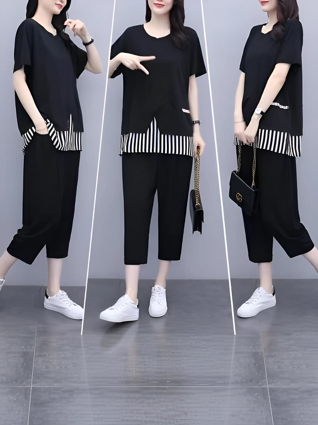 Women's summer plus size striped loose fit top and slimming ankle-length trousers set