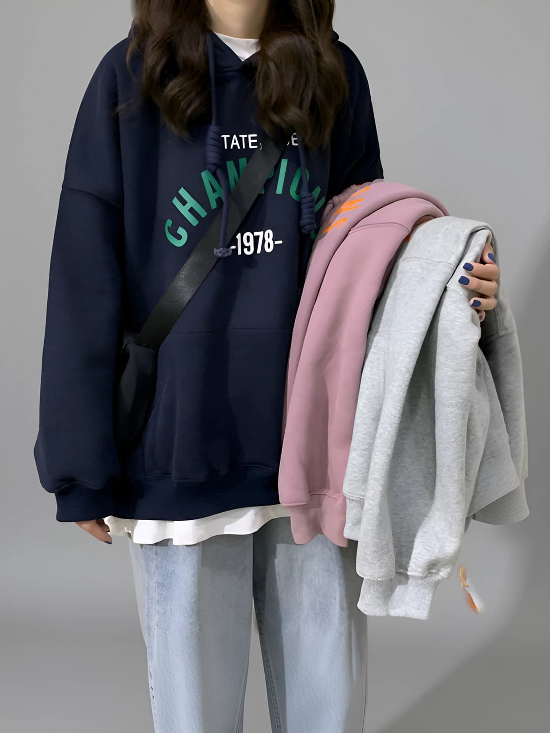 Women's fleece-lined hoodie, autumn-winter 2026, Korean style, printed, loose fit, long sleeve, polyester