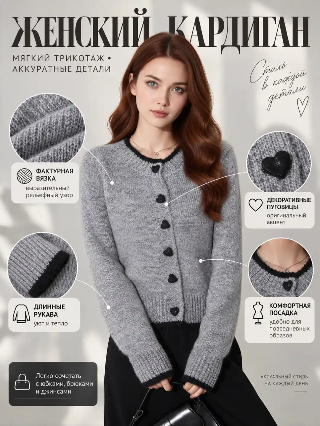 Women's knit cardigan, crew neck, long sleeve, solid colour, autumn, cropped, casual style
