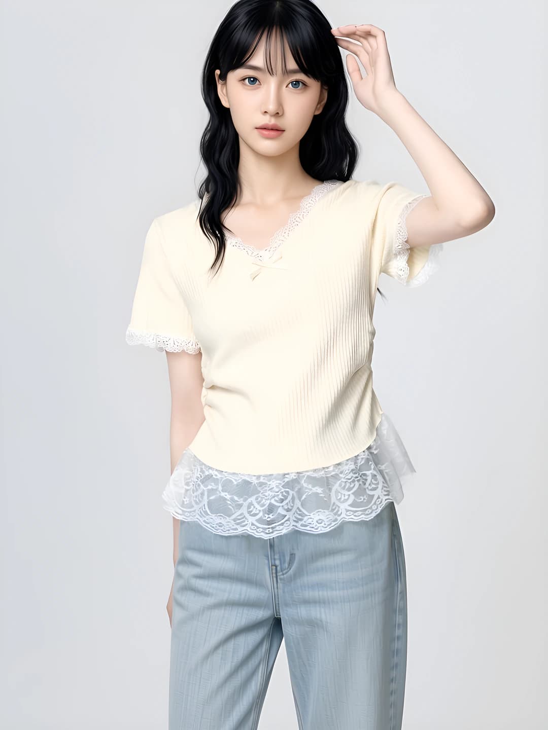Women's knitted short-sleeve top, V-neck, lace, slim fit, cropped