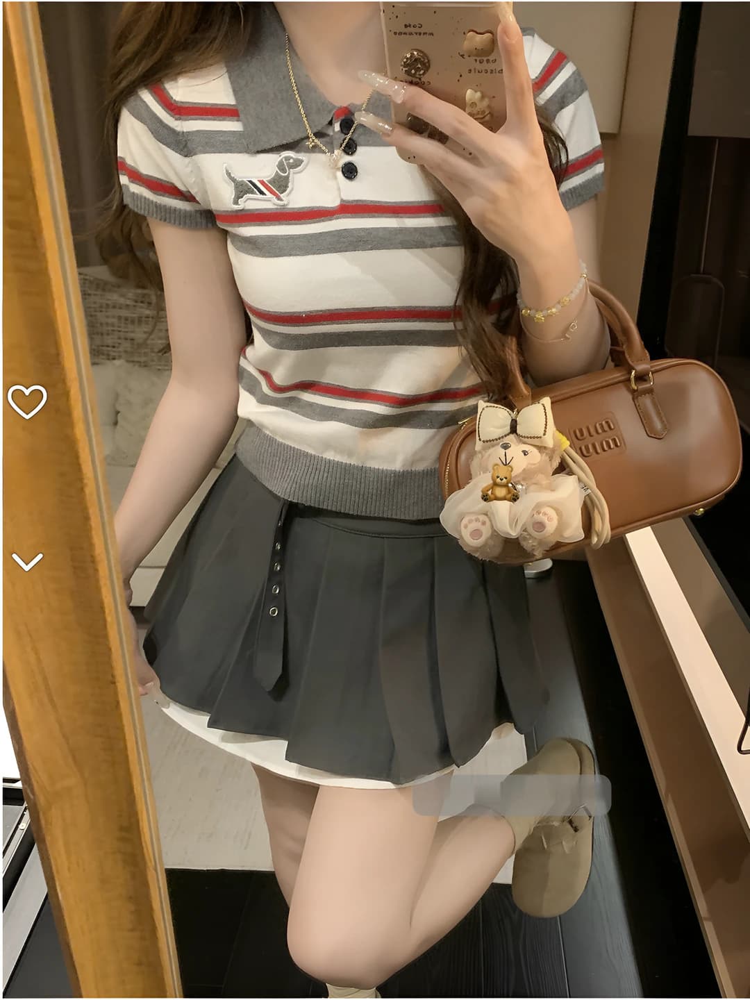 Women's summer retro striped short sleeve polo knit top, slim fit, slimming, ice-silk fabric