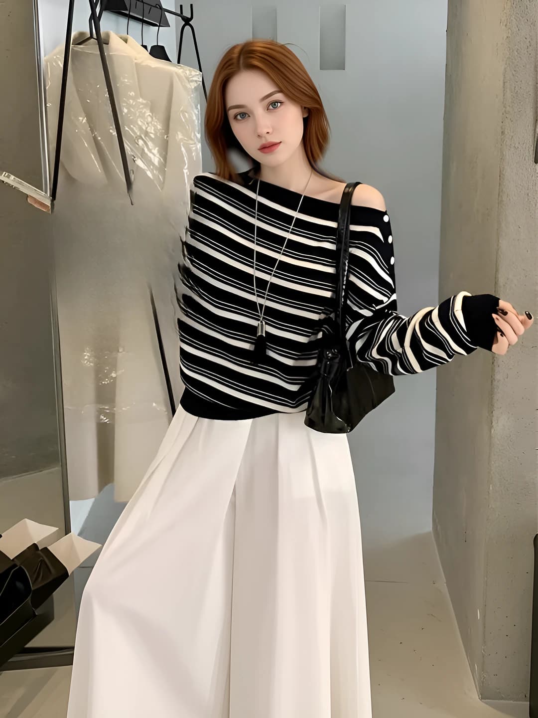 Women's striped knit top, solid colour, loose fit, long sleeve, cropped, autumn, slimming, non-iron