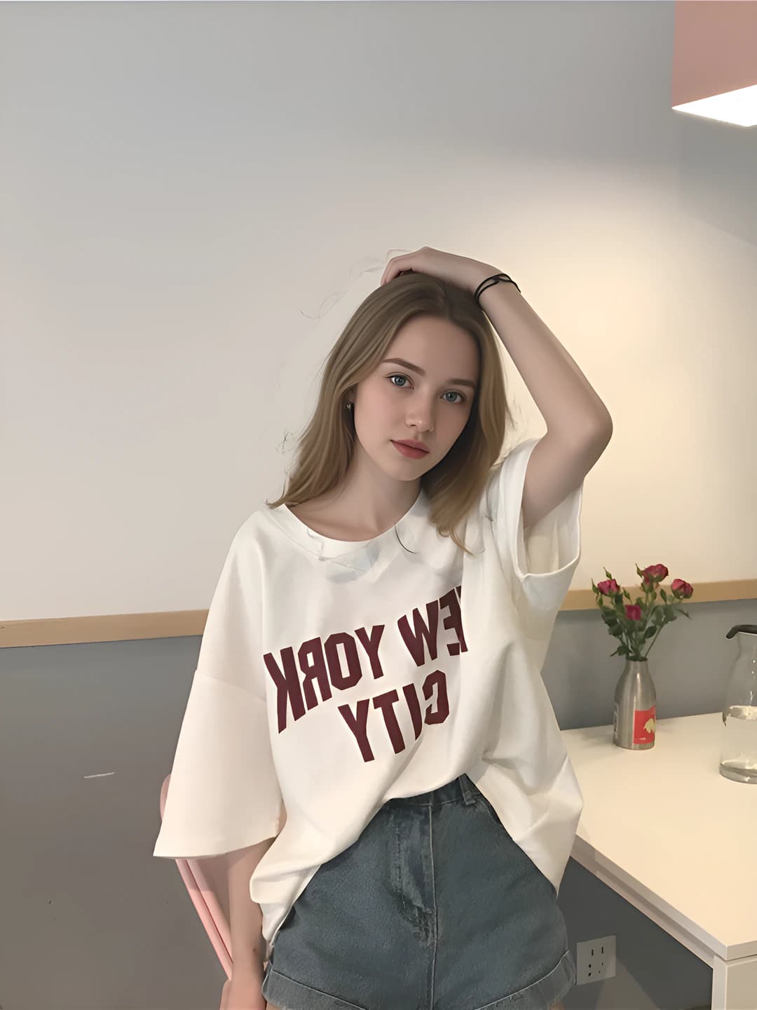 Women's summer t-shirt, V-neck, short sleeve, loose fit, printed, Korean style