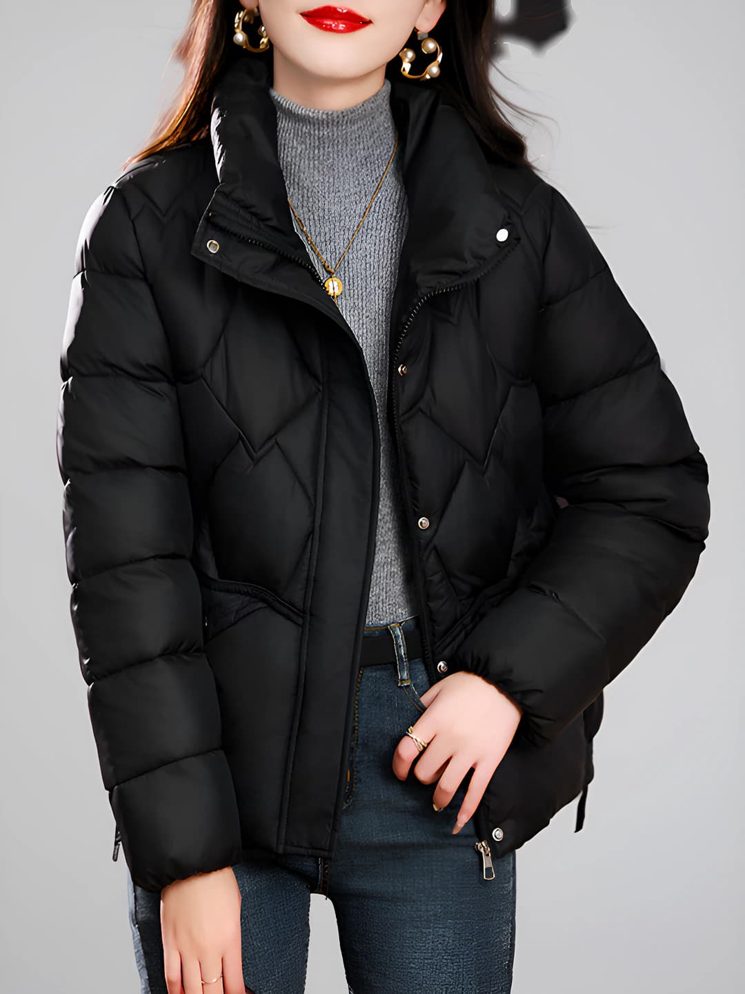 Women's winter padded jacket, Korean style, stand collar, loose fit, long sleeve, zip, solid colour, thick