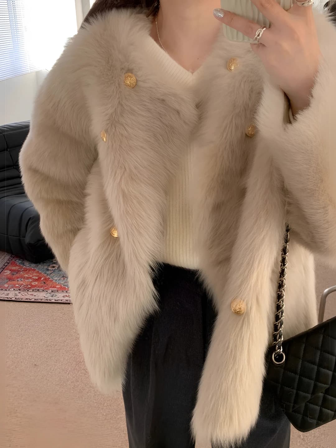 Women's autumn-winter outerwear (jacket), warm, thickened, loose fit, cropped, long sleeve, no collar, main fabric share under 30%, style 'Chanel', fabric name artificial fur, product type fur, tag and neck label present, no hood, sleeve type