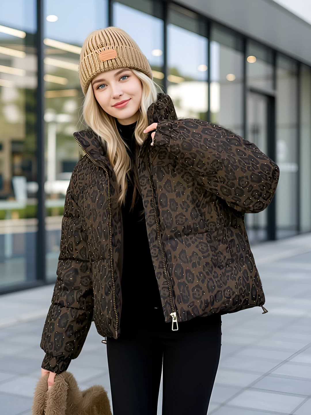 Women's 2026 winter short down jacket, stand collar, long sleeve, loose fit, thickened, warm, down-alternative fill, zip, casual style, leopard print