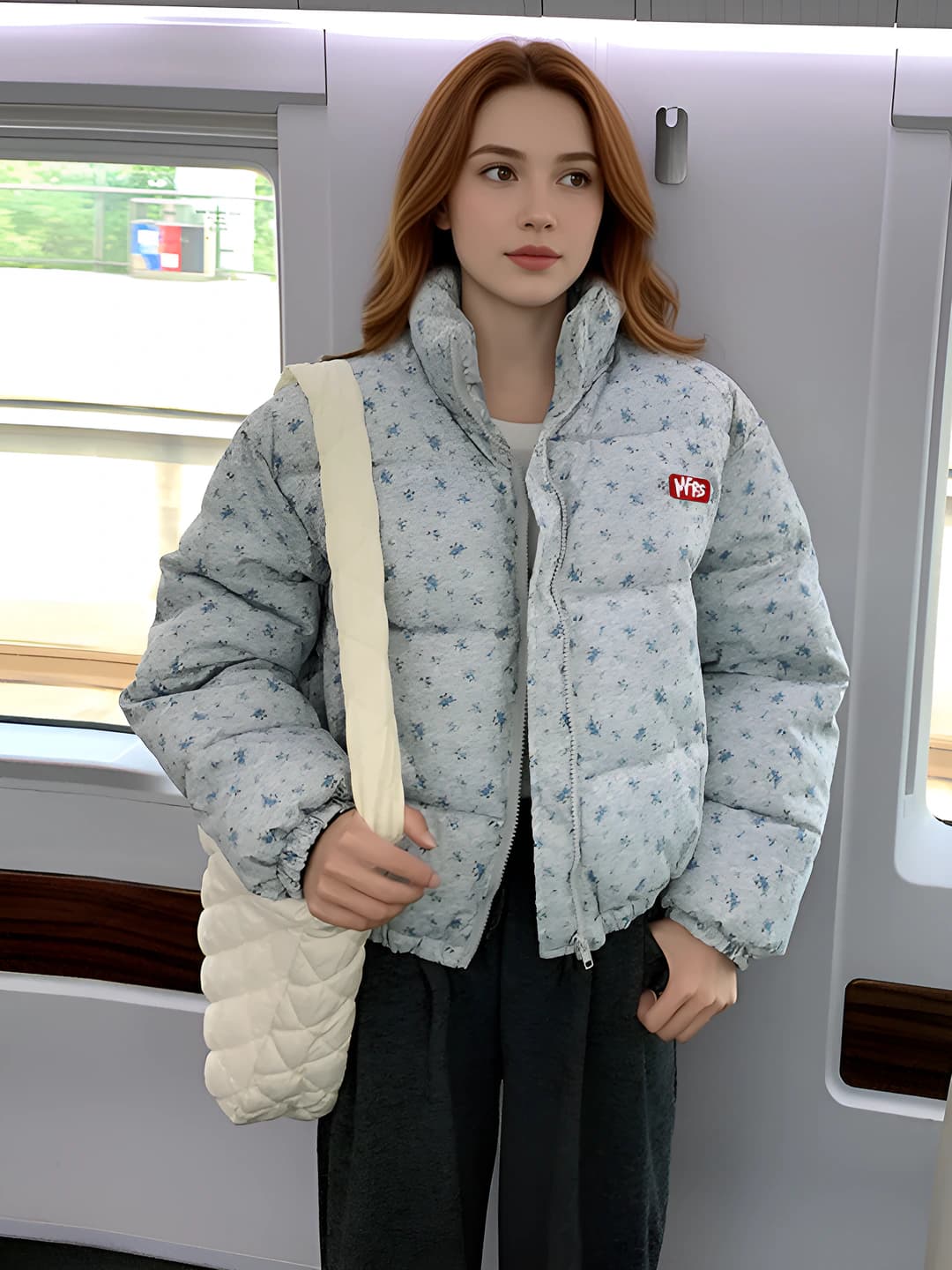 Women's 2026 winter padded jacket: down-alternative fill, polyester, thickened, warm, loose fit, stand collar, zip, patterned, long sleeve