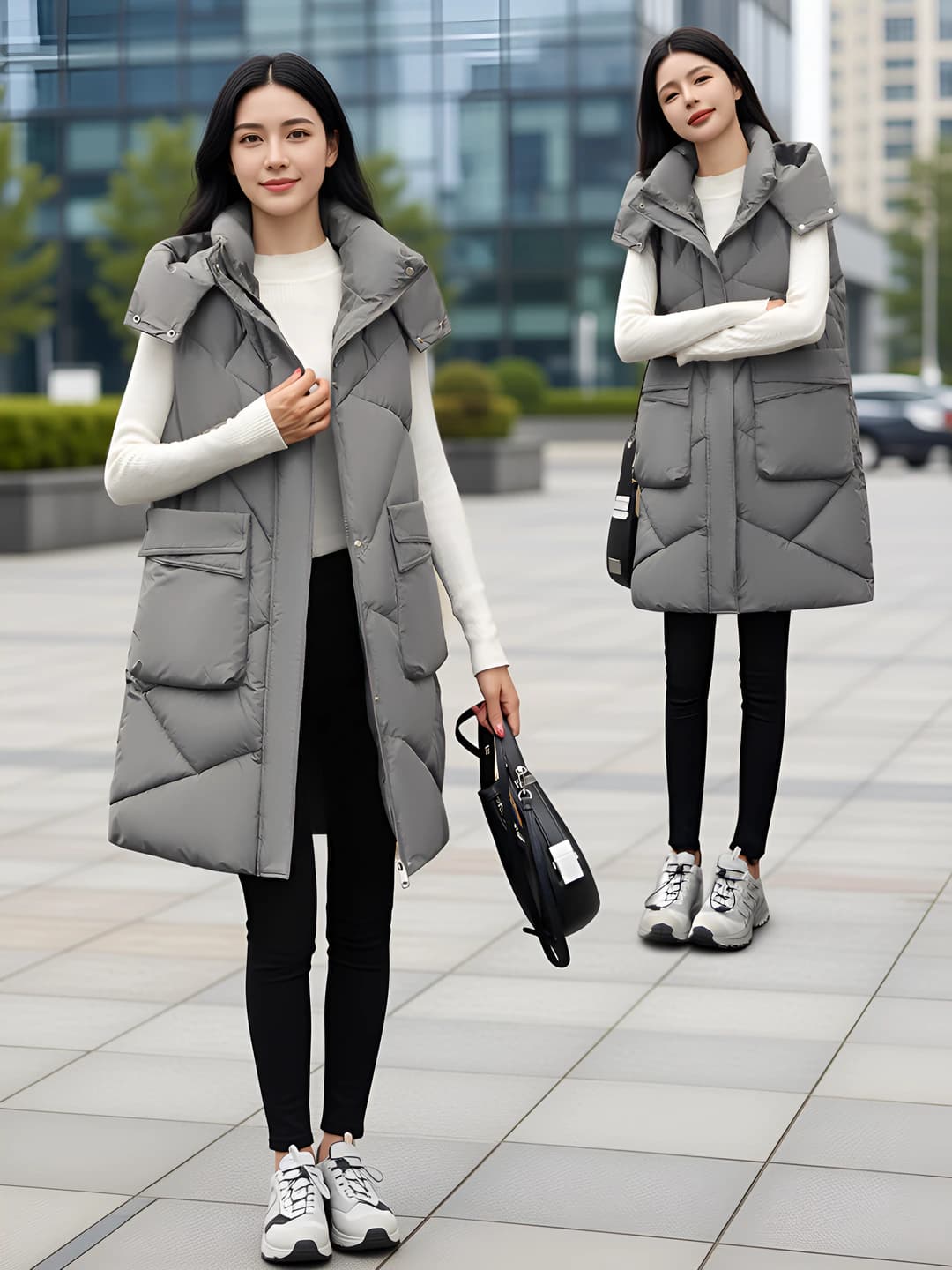 Women's mid-length winter vest with down-alternative fill and zip