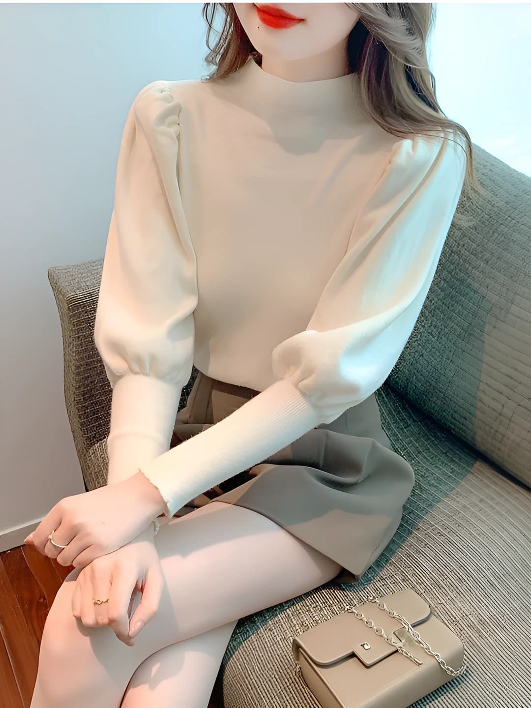 Women's knit sweater pullover with mock neck, autumn-winter, slim fit, slimming, long sleeve, solid colour, retro style