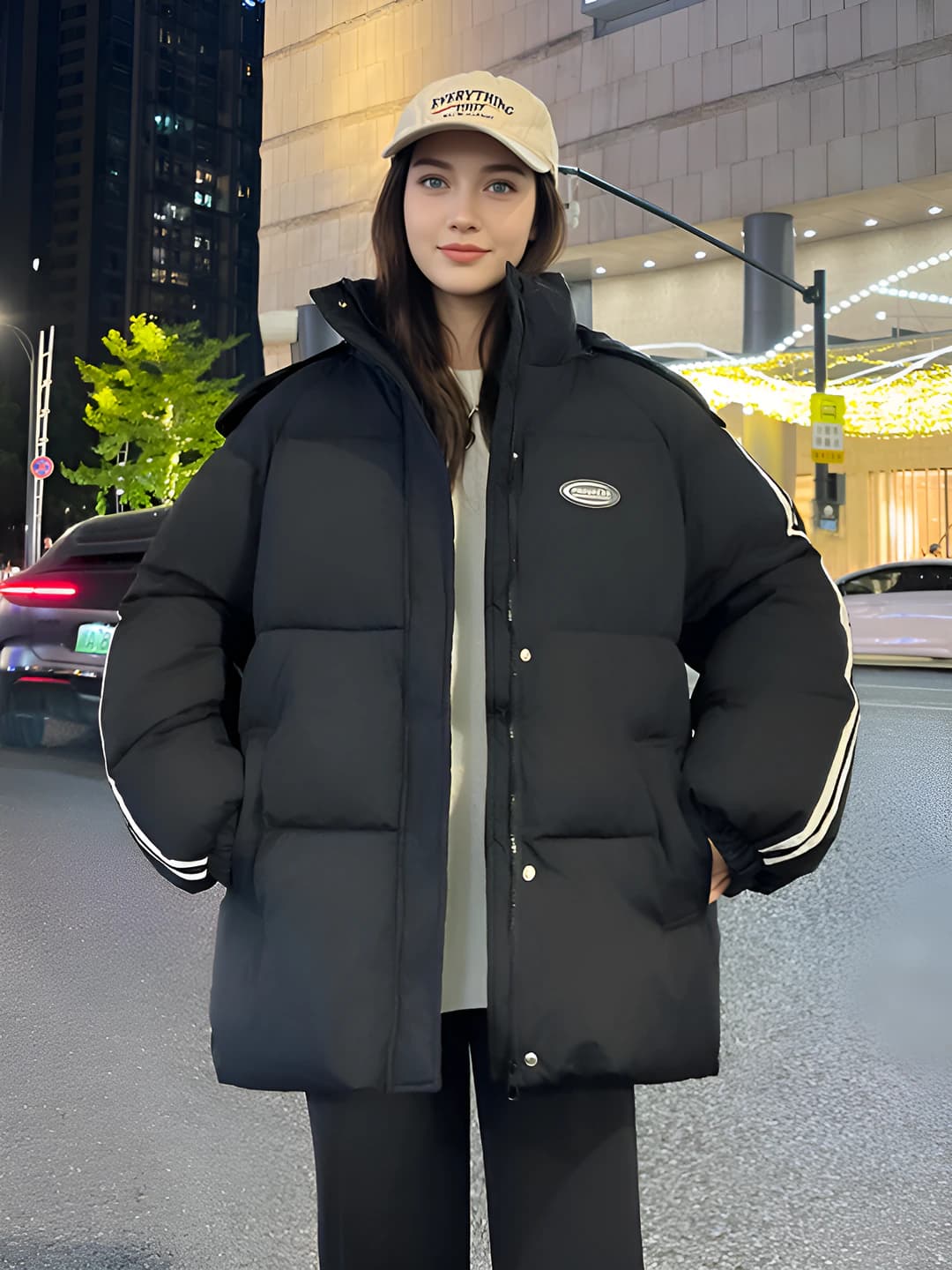 Women's winter padded jacket, Korean style, loose fit, thickened, down-alternative fill, zip, long sleeve, solid colour