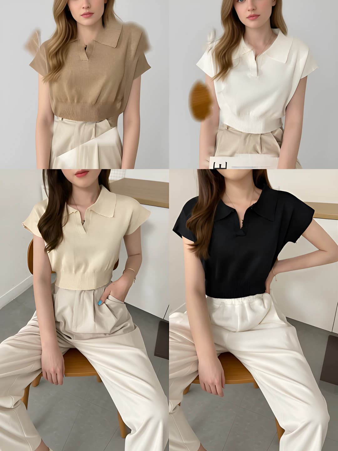 Women's 2026 summer Korean style short sleeve polo knit top, slim fit, lapel collar, solid colour, cropped