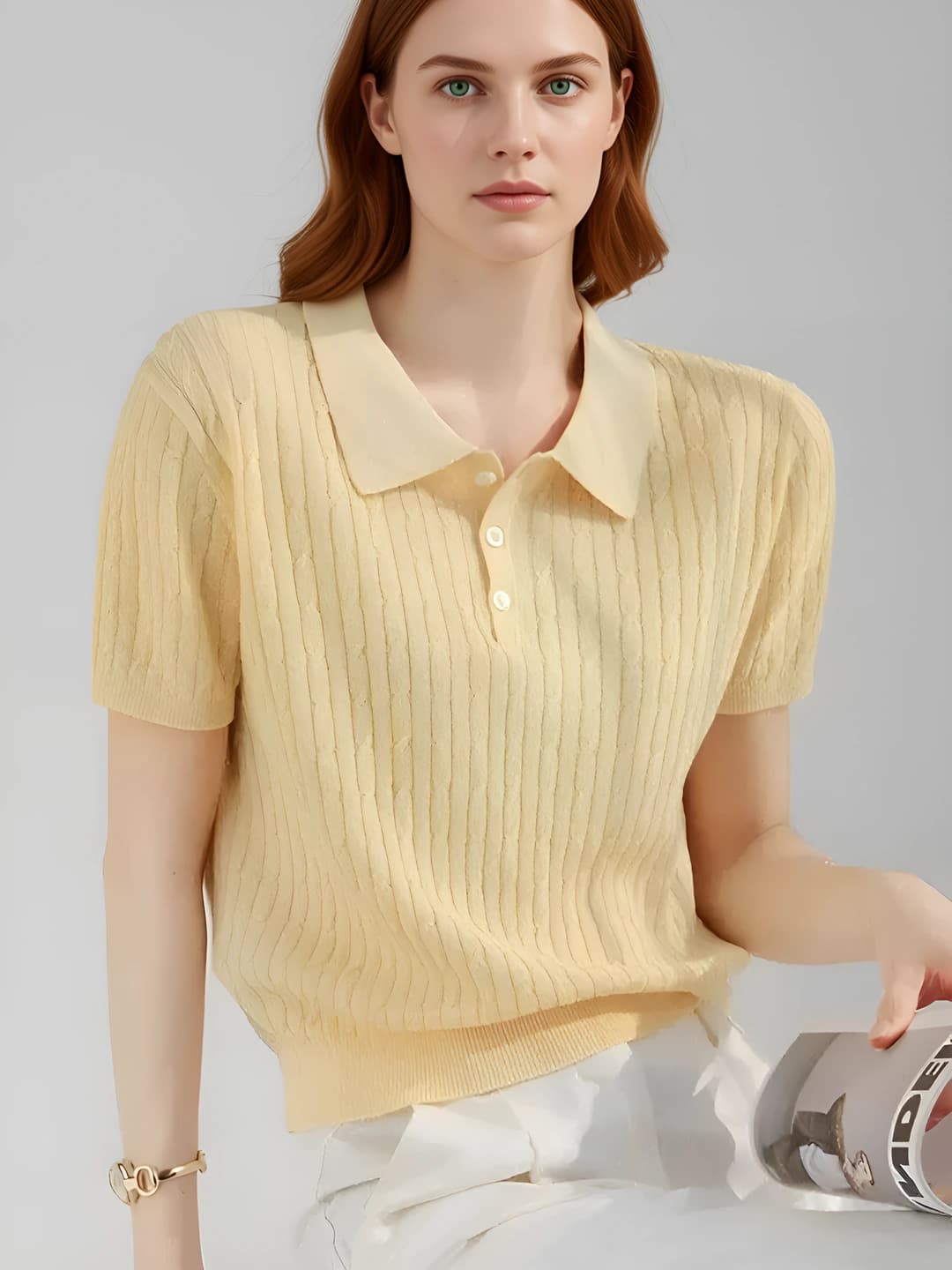 Women's 2026 summer knitted polo top, lapel collar, slim fit, solid colour, short sleeve, cropped sweater