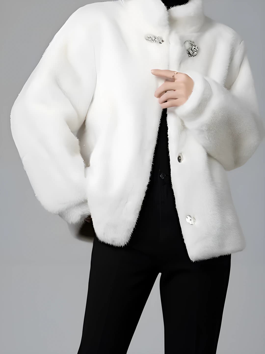 Women's thickened cropped faux fur coat with stand collar, long sleeve, autumn-winter 2026