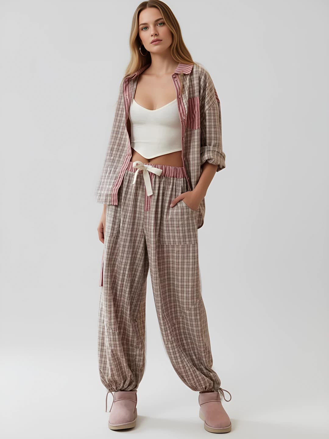 Women's autumn casual loungewear set: plaid long sleeve blouse and drawstring pants