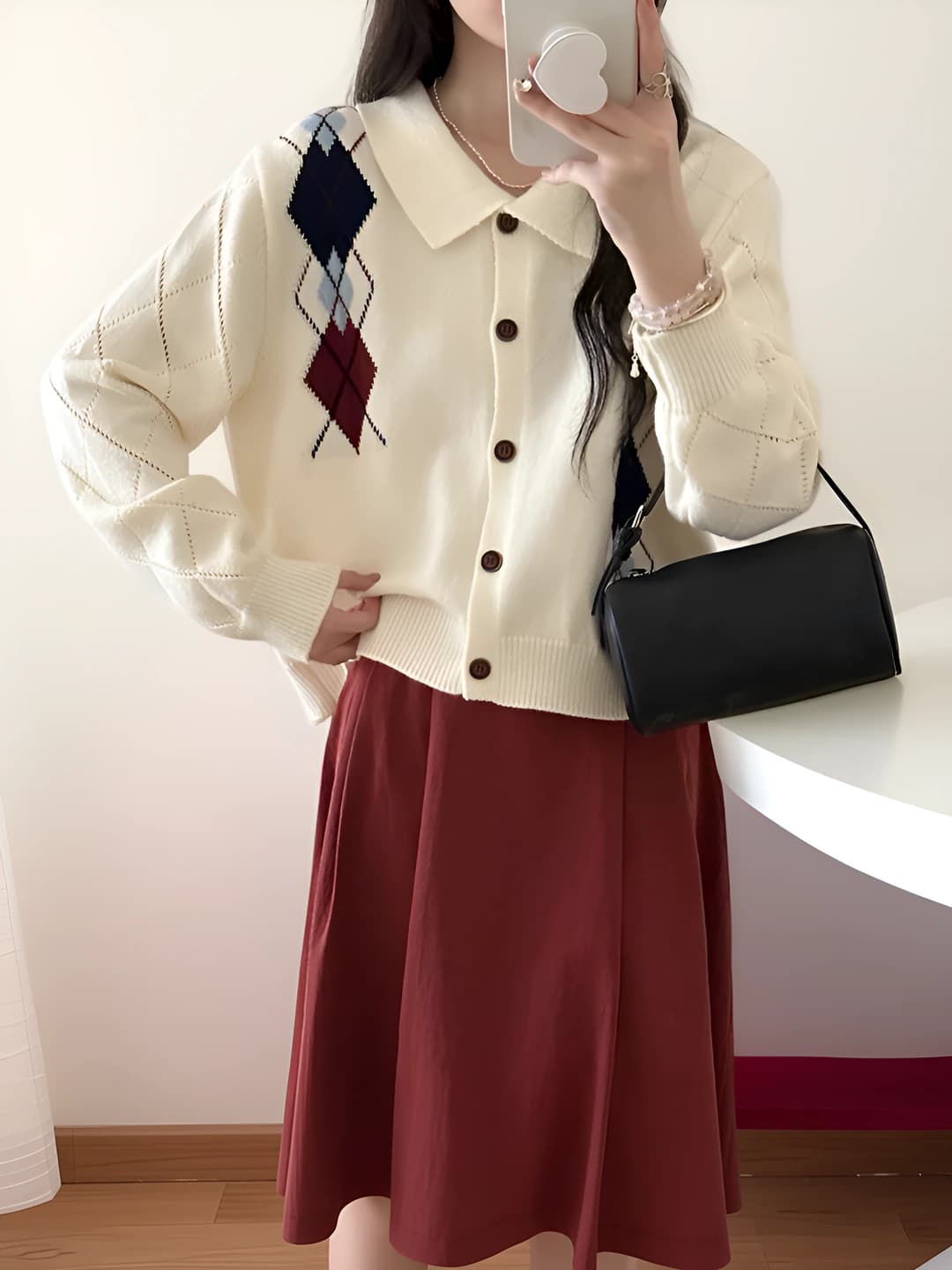 Women's knit cardigan with POLO collar, slim fit, long sleeve, cropped, solid colour, spring-autumn